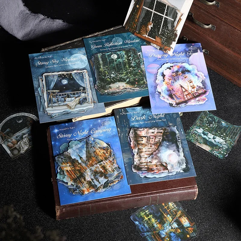 10 stuks pack PET Groot Formaat Nacht Sticker Pack Prachtige Nachtvormige Decoraties Briefpapier Leveringen Plakboek 156*110mm