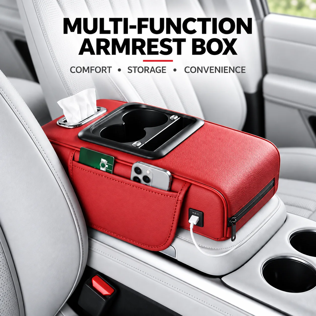 Car Center Console Armrest Storage Box with USB Charging Port, Booster Pad Tissue Holder and Water Cup Holder for Vehicles