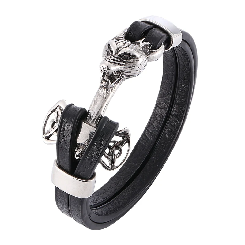 

Double Layer Leather Bracelet Men Wolf Shackles Stainless Steel Charm Bracelet Leather Hand Band Punk Male Bangle Jewelry SP0761
