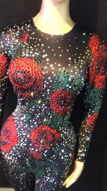 Rosa vermelha branca Flor Strass Macacão clube Festa Stretch Stage Wear Comemorar Bodysuit Cantor Outfit