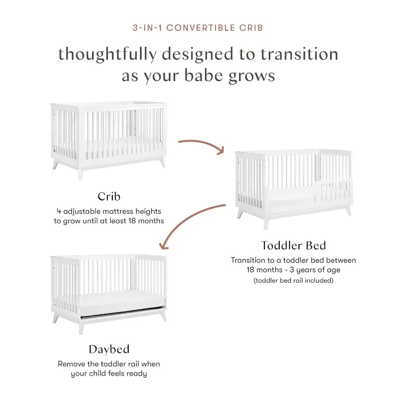 Babyletto Scoot 3-in-1 Convertible Crib with Toddler Bed Conversion Kit in White, Greenguard Gold Certified