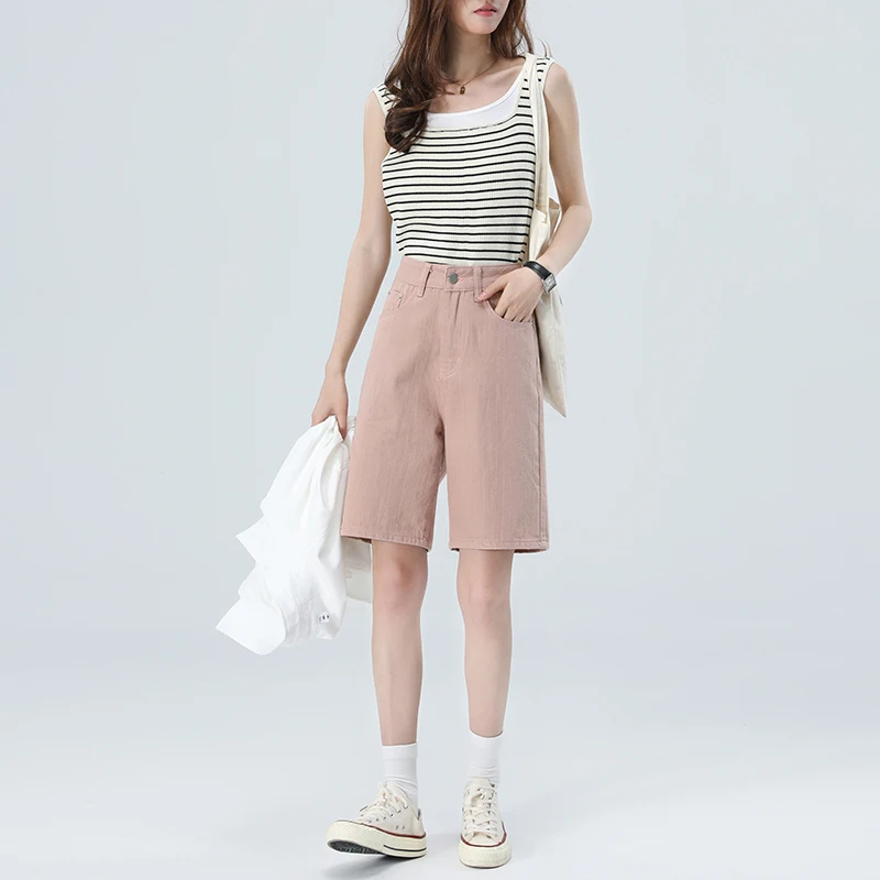 White High Waist Wide Legs Knee Length Jeans Shorts Women Summer Casual Korean Fashion Straight Denim Short Pants Femlae Baggy