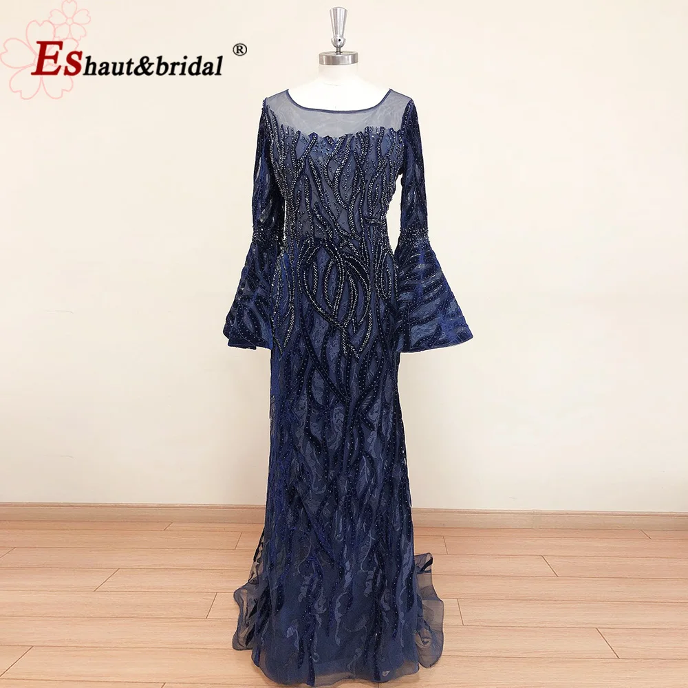 Elegant Velvet Evening Night Dress for Women 2023 Burgundy Long Sleeves O Neck Crystal Mermaid Formal Wedding Prom Party Gowns