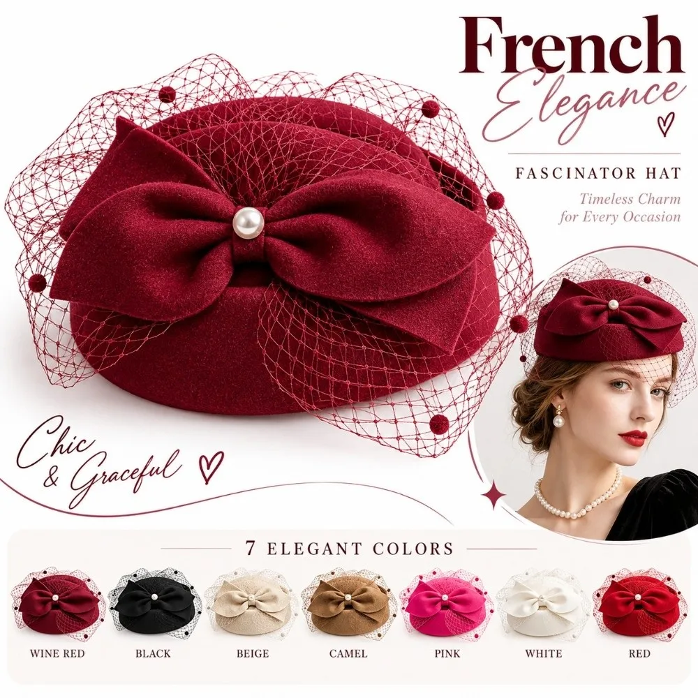 New Elegant Mesh Wool Jazz Hat Warm Woolen Breathable British Style Hat Bowknot Veil Hat Evening Cocktail