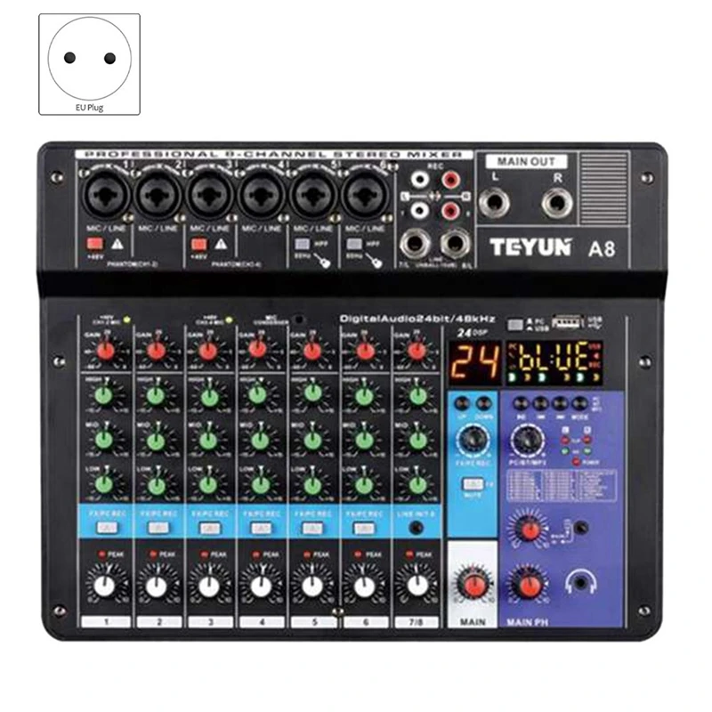 Sound Card Audio Mixer Sound Board Console Desk System Interface 8 Channel USB Bluetooth 48V Power Stereo (EU Plug)