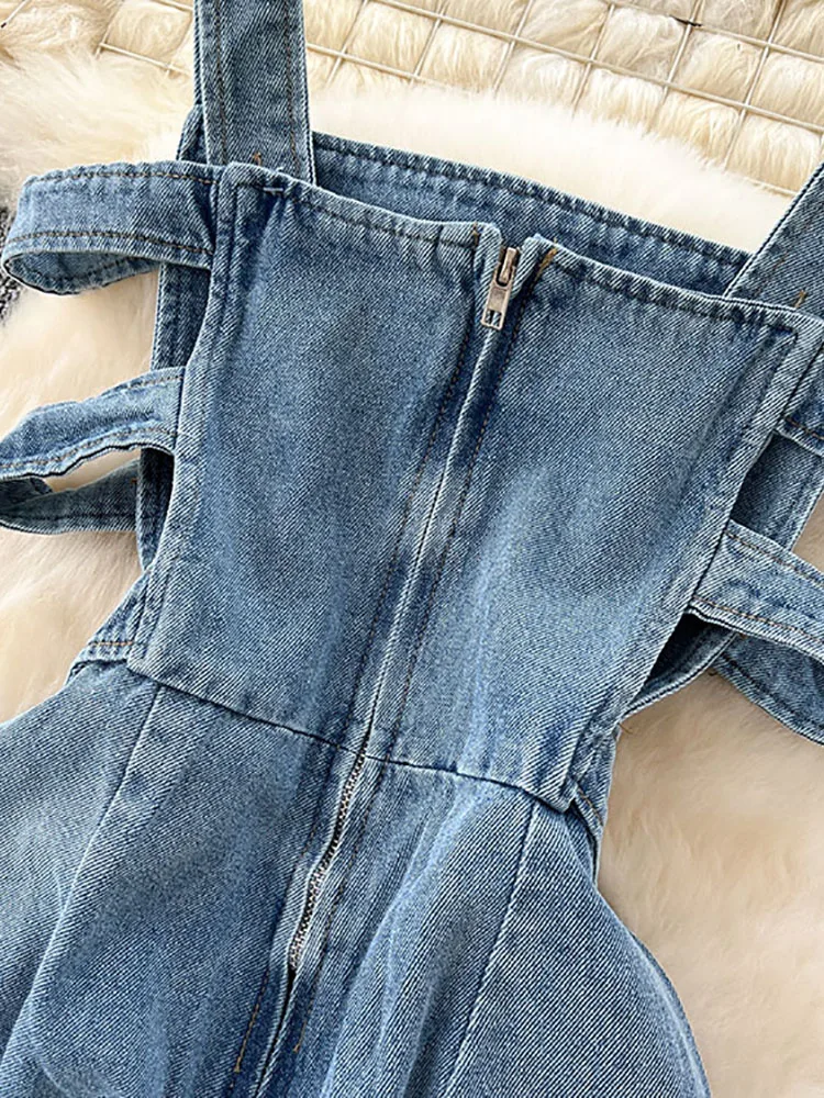 レトロデニムジャンプスーツ レディース 夏 2025 アップリケボタン フルパンツ 韓国風 ハイストリート ルーズストレートレッグ オーバーオール