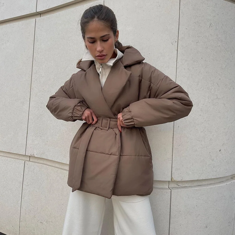 Lapel Winter New Thickened Jacket Fashion Solid Puffer Jacket Women Vintage Belt Loose Warm Parkas Coats Ladies Casual Outwear