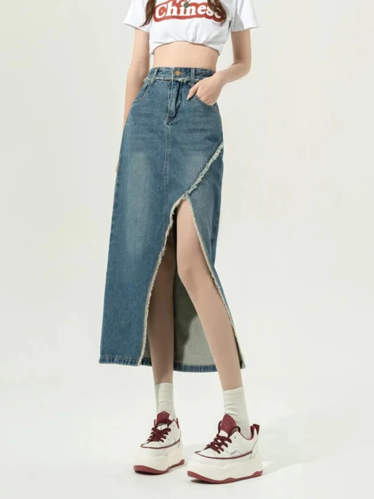 

HOUZHOU Denim Slit Skirt Korean Fashion Women High Waist Straight Split Raw Edge Slim Jean Long Skirt Vintage Streetwear Girl