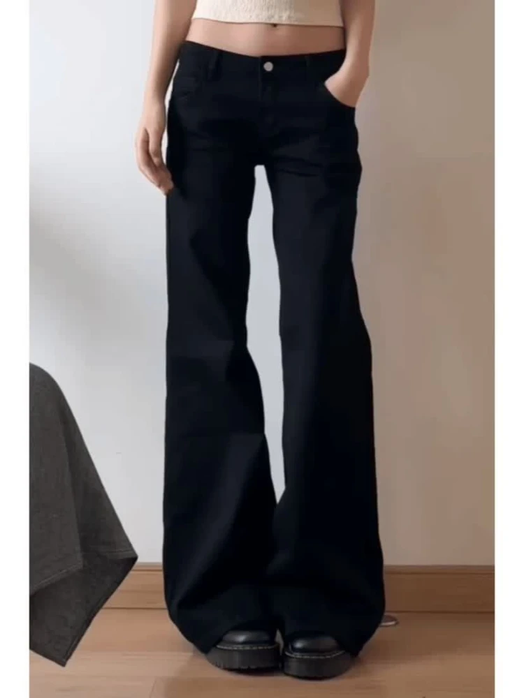 

HOUZHOU Black Basic Vintage Washed Women Jeans Y2k High Waist Minimalist American Style Denim Pants Baggy Solid Color Street