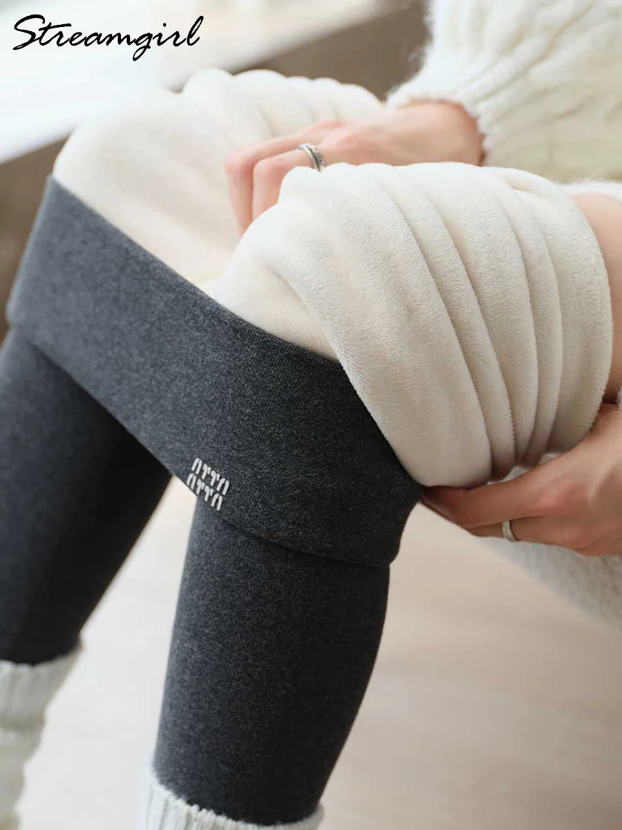 Streamgirl Thick Fleece Leggings Women Winter High Waist Black Outwear Women Warm Thick Velvet Leggings For Winter Gray Pants
