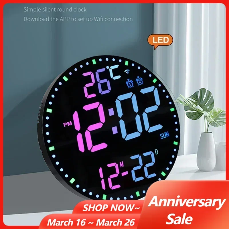 Wifi App Control RGB LED Wall Clock with Dual Alarms Living Room Temperature Date Time Week Display Electronic Alarm Clock