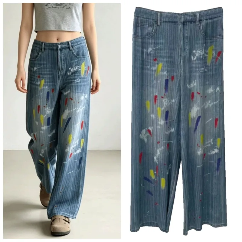 Miyake Pleated Faux Denim Wide-Leg Pants Plisse Women 2026 Summer New Drapey Graffiti Print Straight Pleats Casual Long Pants