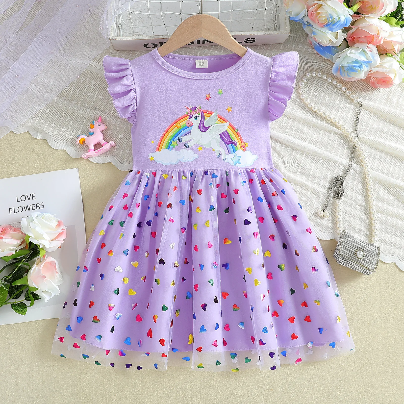 Children's Korean Version Dress 2026 New Girls' Summer Cartoon Printed Short Sleeved Mesh Princess Dress