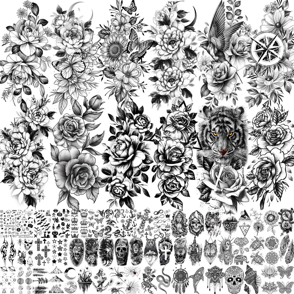 

67 листов черных реалистичных цветочных временных татуировок для женщин, рука, бедро, 3D роза, пион, цветочные татуировки, наклейки, тигр, луна,