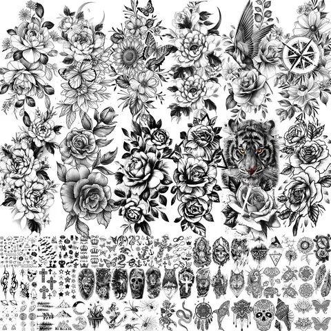67 folhas de tatuagens temporárias de flores realistas pretas para mulheres, braço e coxa, 3d rosa peônia floral temp tatuagem adesivos tigre lua,