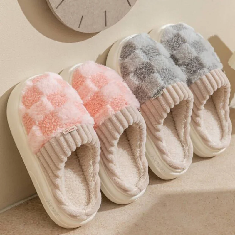 2024 Fashion Couples Winter Cotton Slippers Warm Plaid Thick Soft Sole Slides Non-slip Men Women Indoor Home Floor Flat Shoes