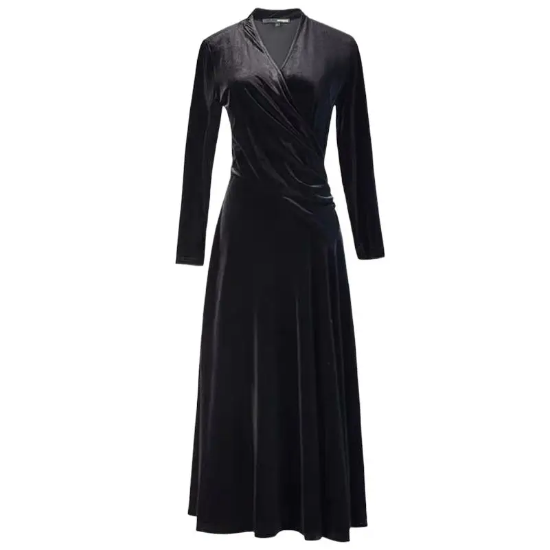 

2024 Autumn V-Neck Elegant Vintage Dress Women Winter Long Sleeves Solid Velvet Dresses Female Casual Loose Vestidos