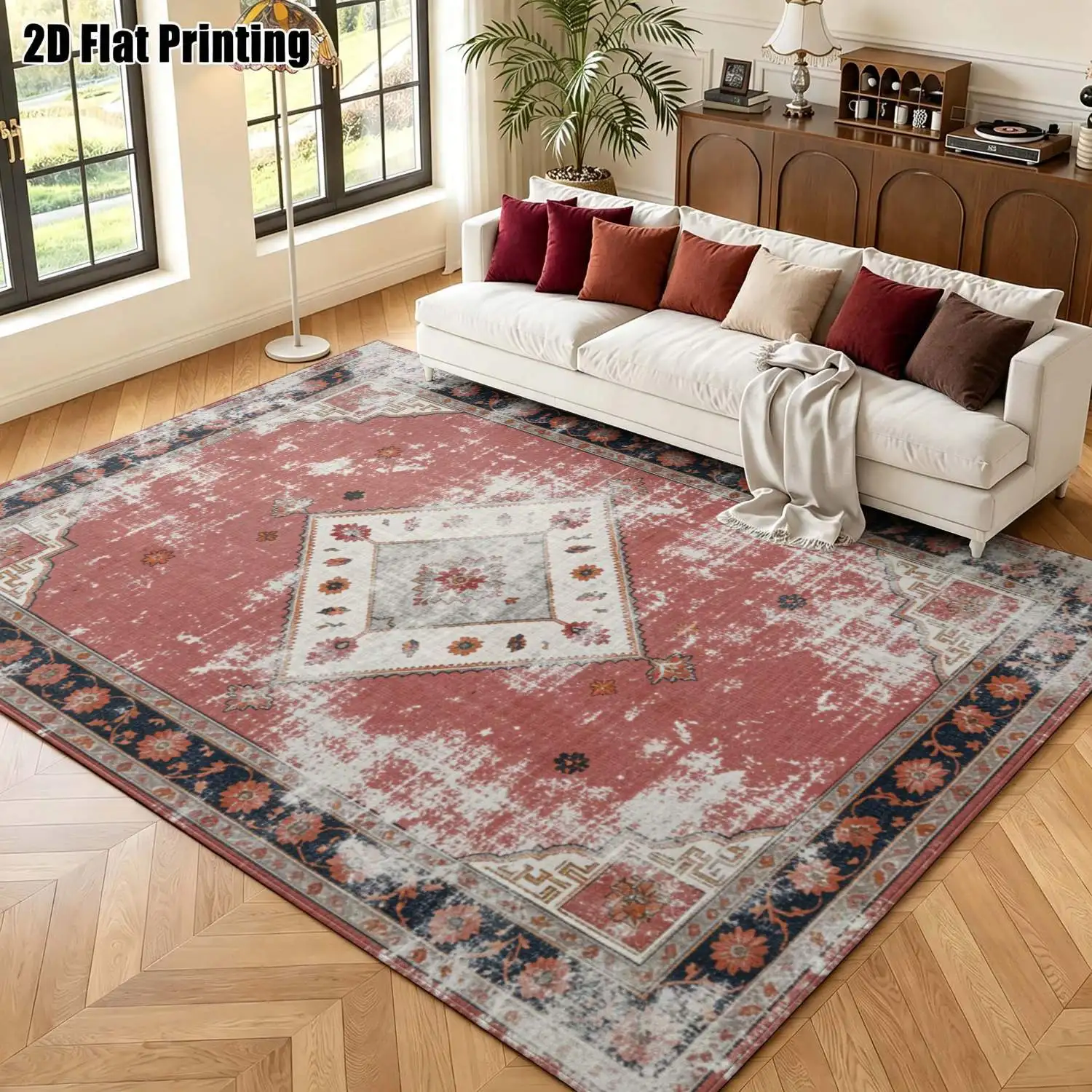 1Pc 2D Printed Carpet: Dark Green Retro Scroll & Floral Pattern, European Style, Machine Washable, Multi-Scene Home Decor, Multiple Sizes