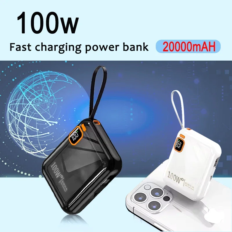 

Power Bank 100W Fast Charging Built-in Cord Portable 20000mAh Large Capacity External Battery for IPhone Xiaomi Samsung