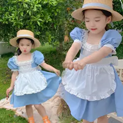 Children'S Sweet Princess Dresses For Girs Summer British Style Lace Apron Decoration Retro Puff Sleeve Dress Baby Kids Clothing