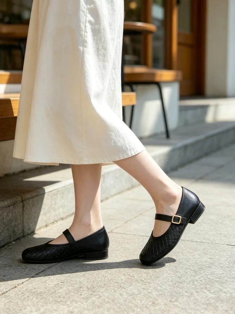 Vintage Woven Mary Jane Shoes for Women, Square Toe Flat Shoes with Strap Buckle, Soft Leather Casual Daily Flats for Commute