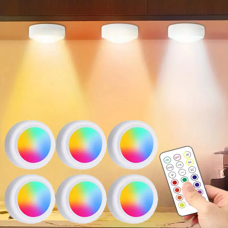 

3/6 шт. светодиодные светильники под шкафом с дистанционным управлением, 13-цветный беспроводной светодиодный сенсорный ночник с регулируемой яркостью для спальни, кухонной стойки