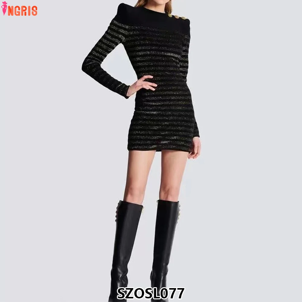 

Casual Cotton Knitted Dress Spring and Autumn Long Sleeve Bright Silk Simple Round Neck Dress-SZOSL077