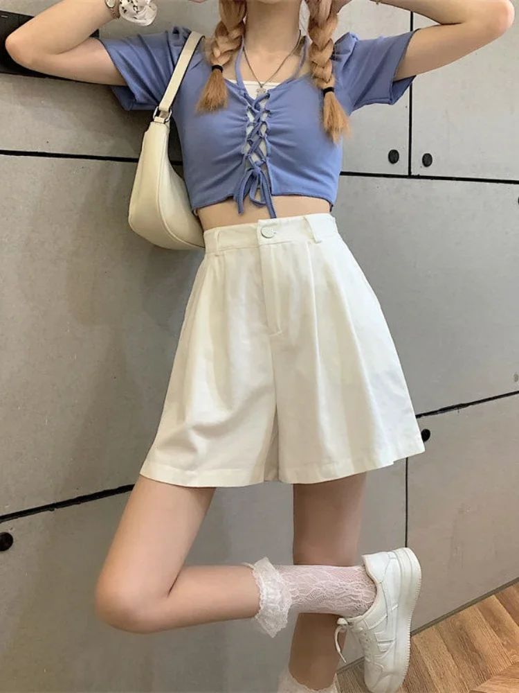 Shorts Women Leisure Simple Folds Streetwear Design Solid Summer Daily Fashion All-match Chic Comfortable Ulzzang Fit High Waist