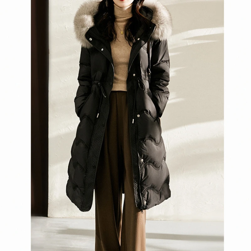 Hooded Down Coat for Women, Waist-Collar, Detachable Fox Fur Collar, Mid-length, Loose, Premium, Winter, New, 2024