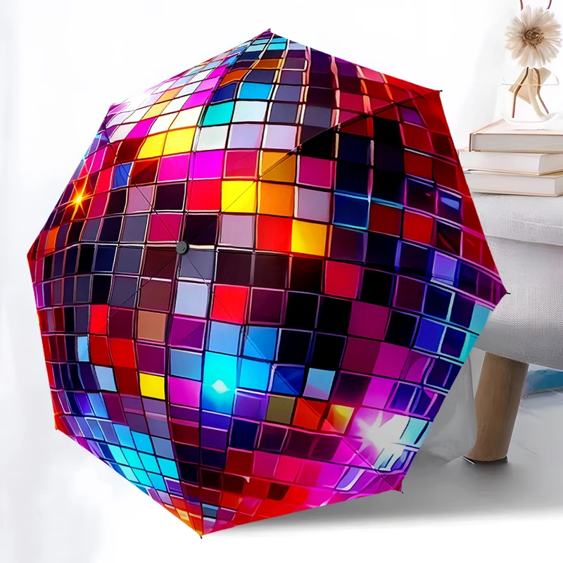 Disco Ball Theme Folding Umbrella - Fashionable Auto-Open Design 8 Iron Ribs Plastic Handle Foldable Sunshade Perfect Gifts