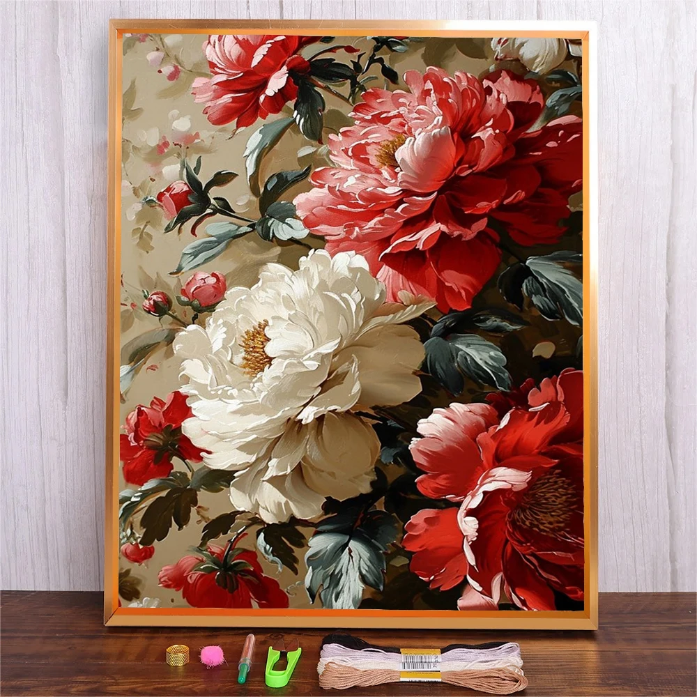 

Complete Needle Kit Peony Flowers Full Printed Cross Stitch Beginner Set Floral Pattern Embroidery For Adults Crafts Gift Decor