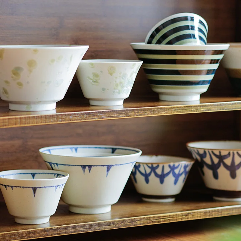 

Mino Ware Ceramic Ramen Bowl Retro Tableware Set High Foot Soup Bowl Underglaze Color