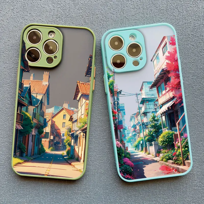 Japanese Aesthetic City Street Scenery Phone Case For iPhone 16 13 12 Pro Max Mini 11 14 Pro Max 15 7 8 Plus SE XS X XR Cover