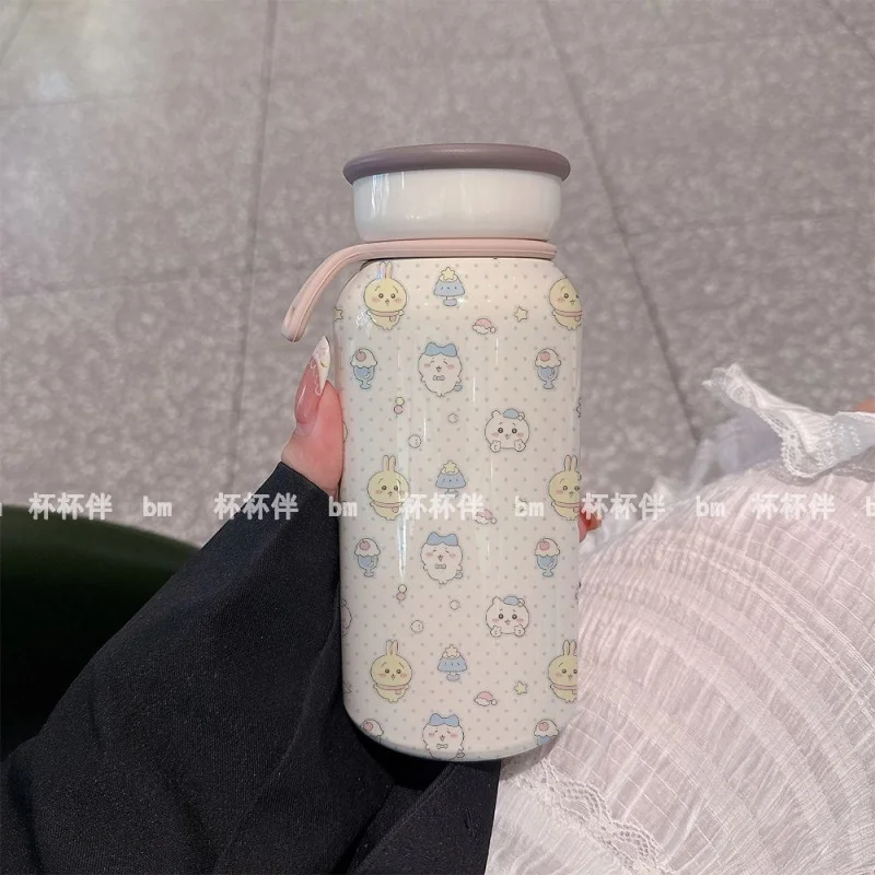 Chiikawa Print Mini Insulated Water Bottle Cute Anime Hachiware Usagi Stainless Steel Thermal Tumbler Portable Carry Handle Cup