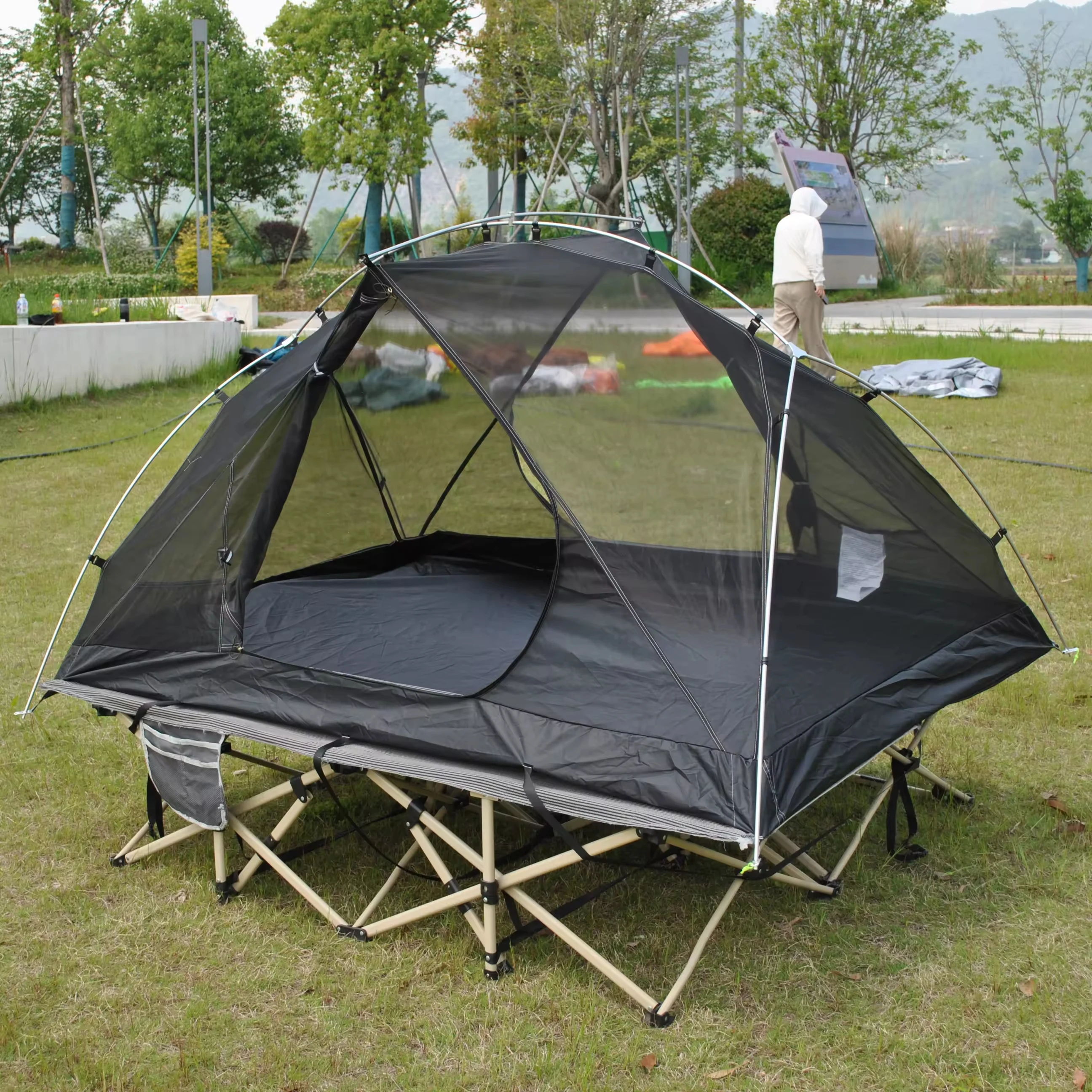 Ultralight Breathable Double Layer Summer 2-Person One Bedroom Oxford Backpacking Tent for Cot Bed & Bikepacking Includes Cot