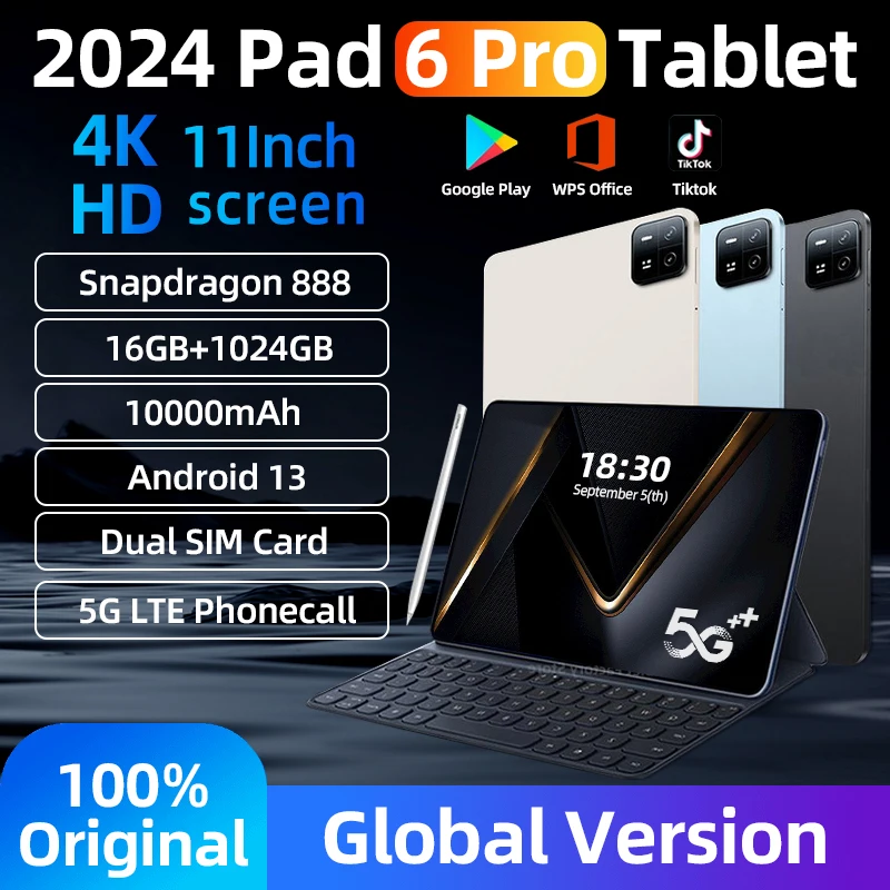 2024 Original Global Version Tablets Android 13 Pad 6 Pro Snapdragon 888 Tablet PC 16GB+1TB And 5G Dual SIM Card HD 4K Mi Tab