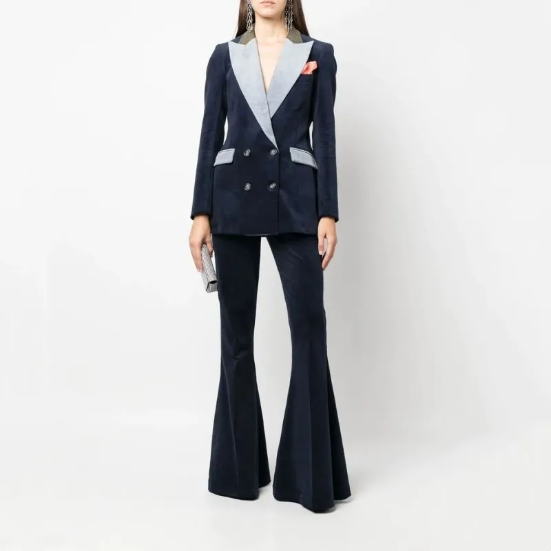 

Women's Suit New Lapel Corduroy Double-breasted Color Matching Two-piece Suit V-neck Fashion Flared Pants Warm And Slim Business