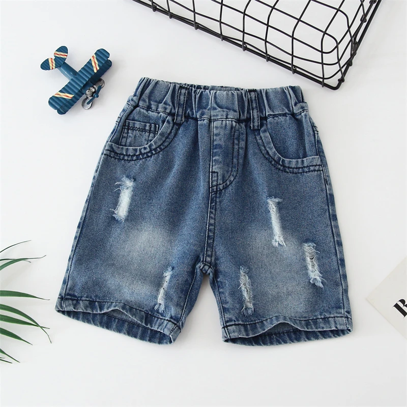 Boys' summer clothes, silk denim shorts, summer thin children's capris, casual holes, baby shorts trend