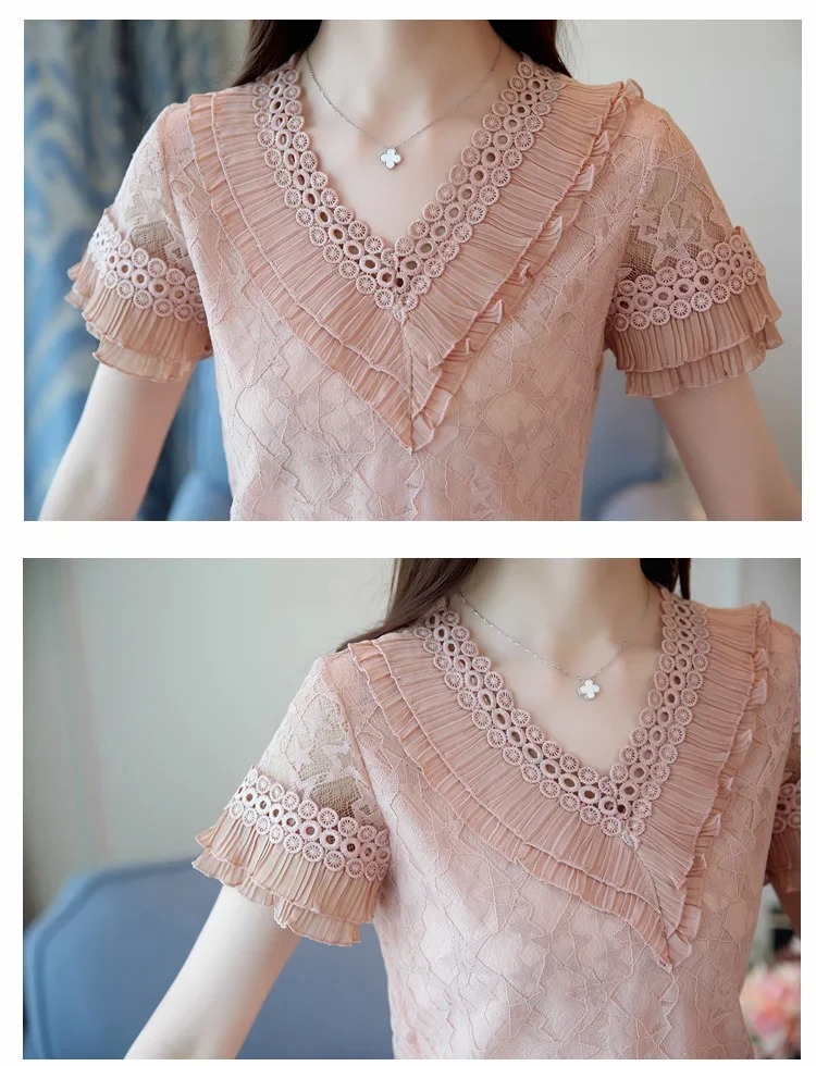 Summer Women Blouse Shirt Short Sleeve Ruffles V-Neck Lace Blouse Women Tops Women Blusas Mujer De Moda 2024 Blouses Femme F31