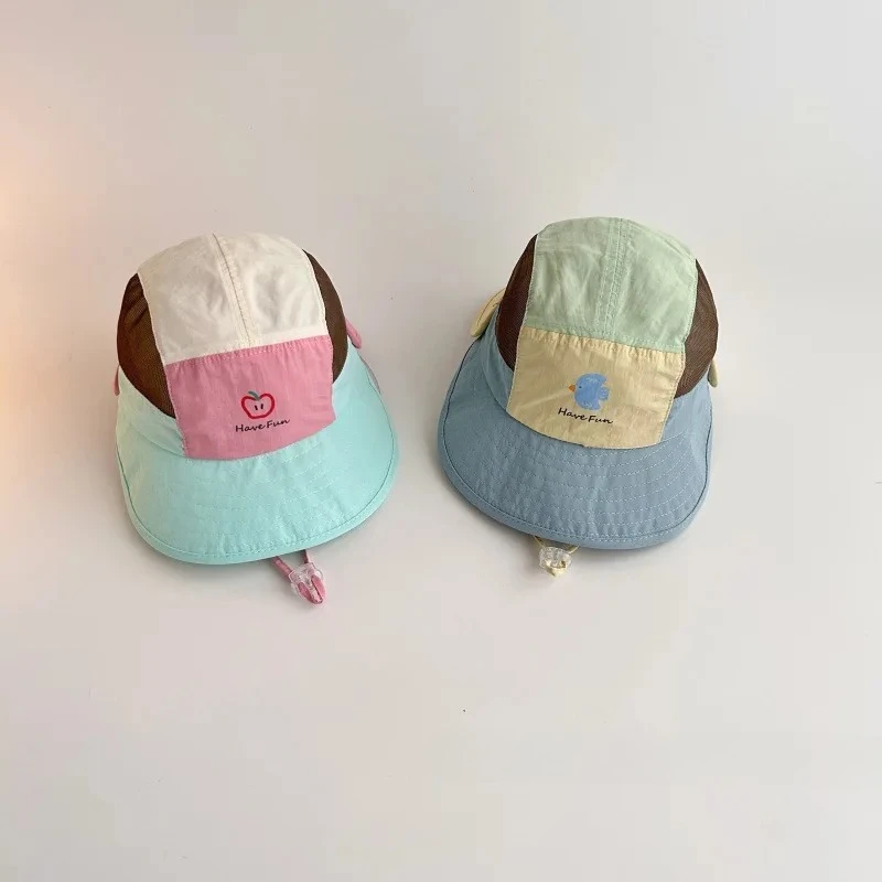 Summer Kids Thin Bucket Hat Quick-Dry UV Protection Sun Hat 1-5Y Boys Girls Cartoon Macaron Color Block Double Brim Outd