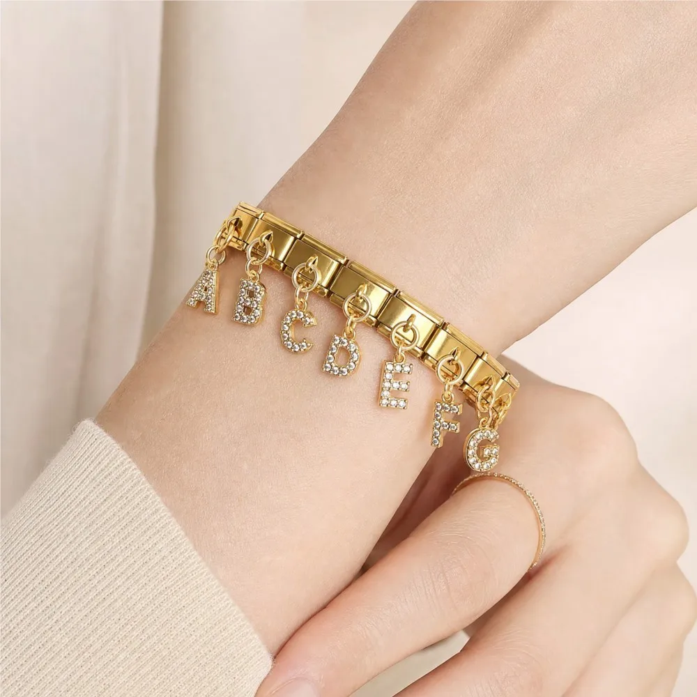 URING Italian Pendant Charms 26 English Letter A-Z Cubic Zirconia Stainless Steel Beads Bracelet Links Gold Color Jewelry Gifts