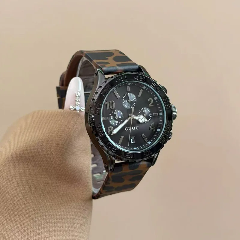 

New Women'S Watch With A Silicone Leopard Print StrapThree Sub-DialsSix HandsAnd A Date DisplayA Fashionable Quartz Wristwatch.