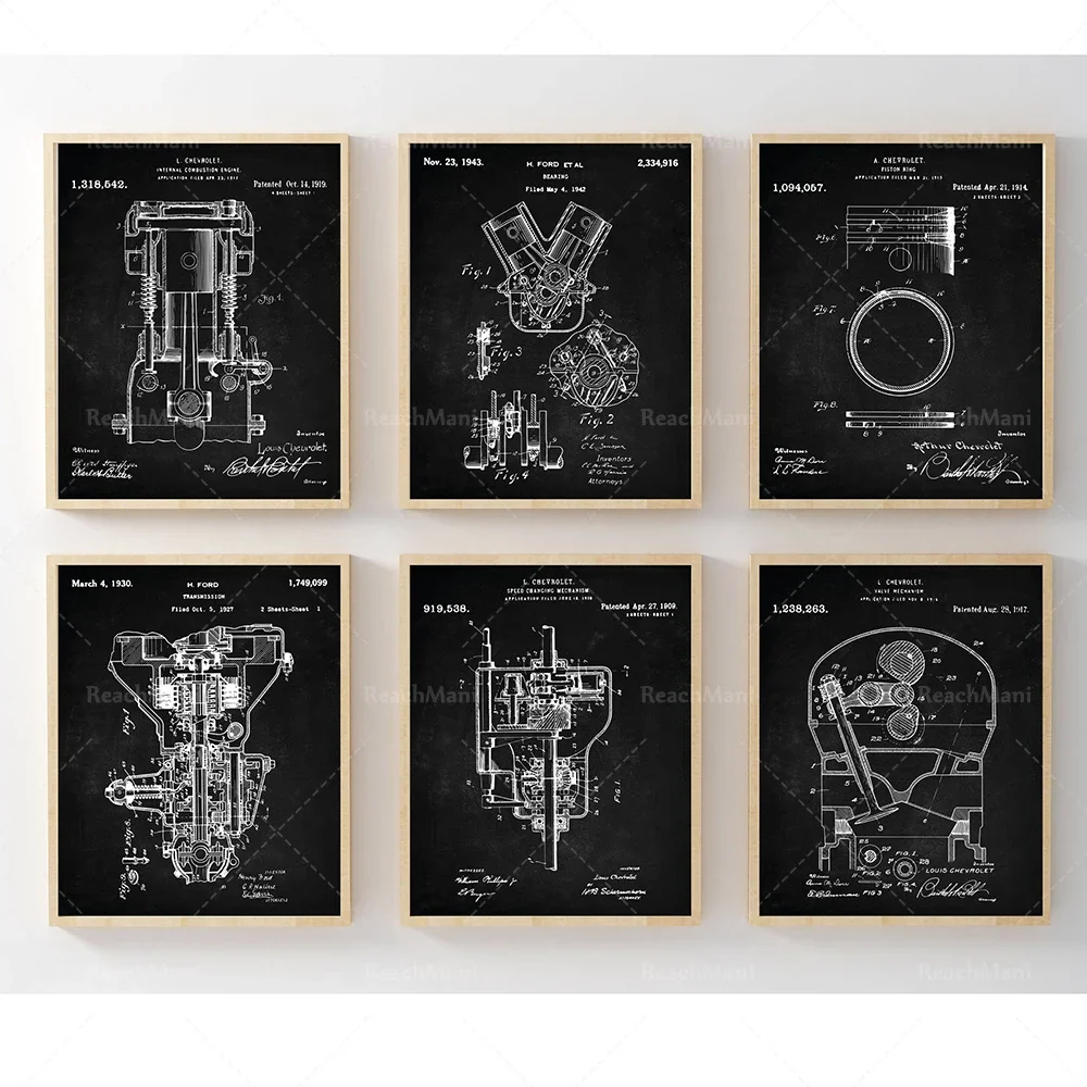 Engine Internal Components Patent Prints, Bearings, Internal Combustion Engines, Transmissions, Pistons Patent Print Posters