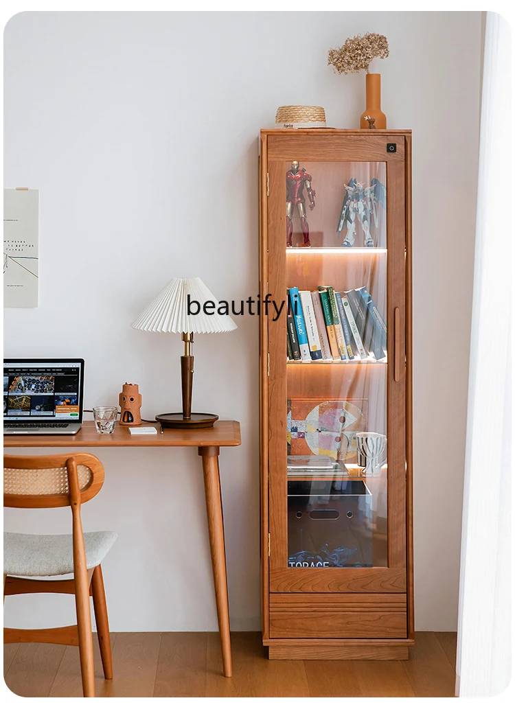 

Transparent Glass Dustproof Display Cabinet for Figurines, Solid Cherry Wood Living Room Storage Wine Cabinet