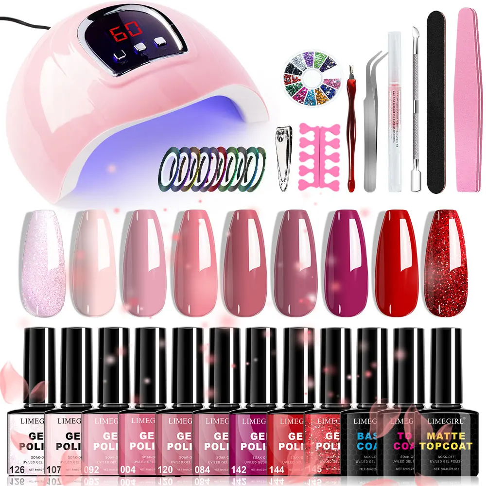 

New Professional Gel Nail Polish Kit 9 Solid Color Gels with UV Light LED Manicure Lamp Gel Nail Polish Starter Kit Soak Kit Sal