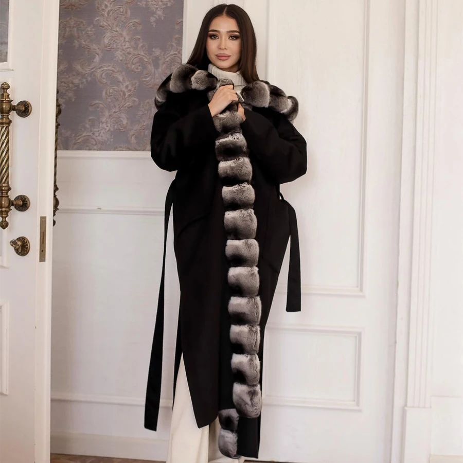 

Real Fur Coat Women's Fur Coat With Hood Long Wool Blends Coat Natural Rex Rabbit Fur Collar Winter Warm Jacket Luxury High Qual