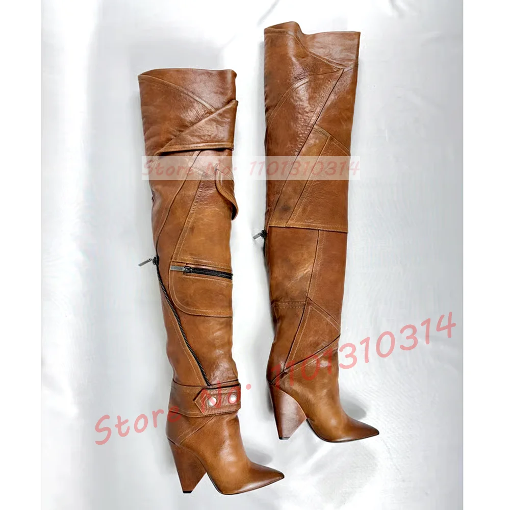 Retro Brown Zipper Wedge Boots Women Fashion Patchwork Spike High Heels Over Knee Shoes Ladies Winter Metal Belt Buckle Boots