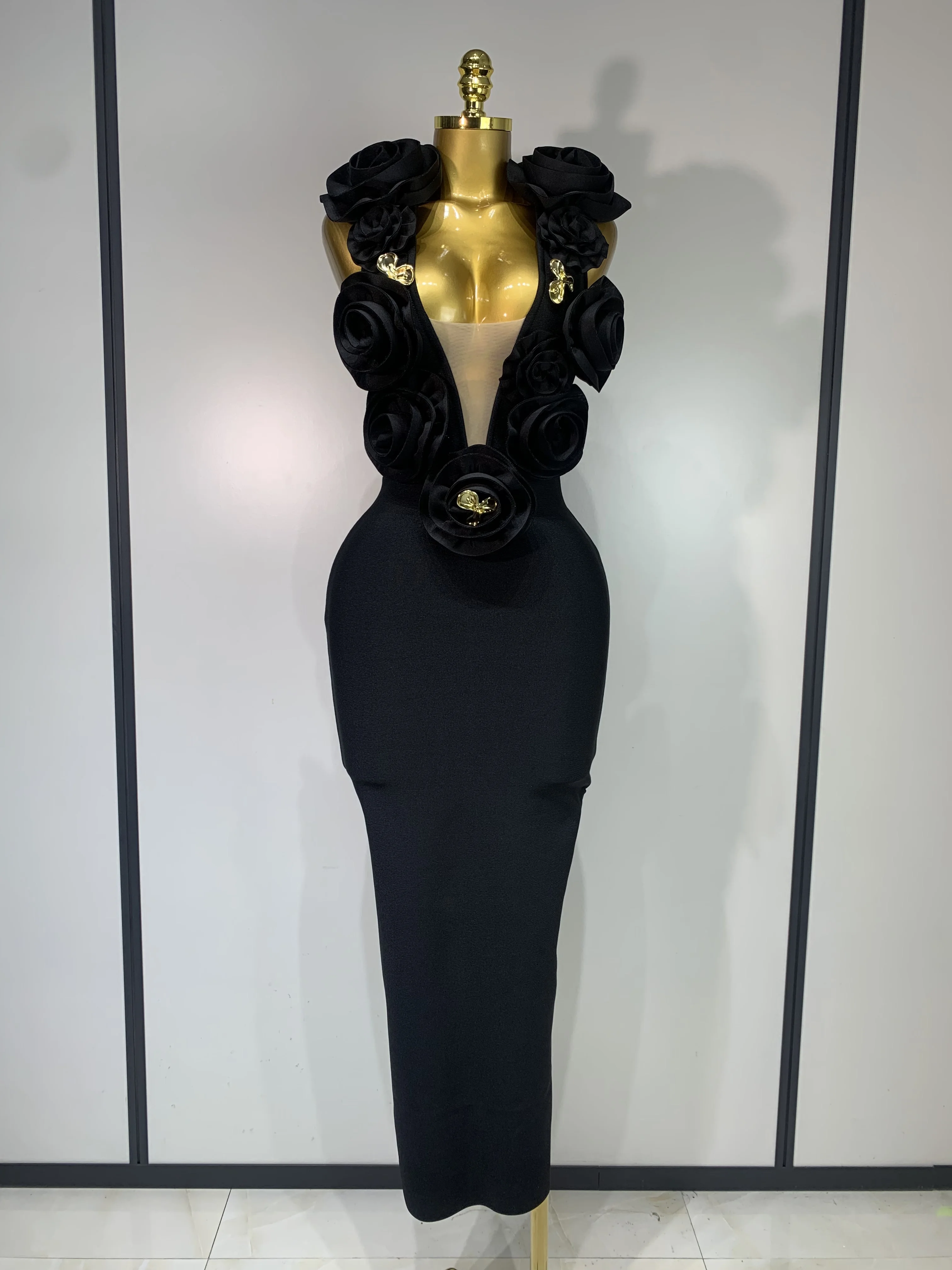Fashion Black 3D Flower Bodycon Long Bandage Dress Celebrity Elegant Party  Birthday Dress Women's Sleeveless Sexy Vestidos - AliExpress 200000345