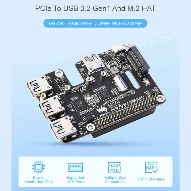 PCIe to USB 3.2 Gen1 / 2.5G ETH / M.2 NVMe Adapter for Raspberry Pi 5 Expand 2-Ch USB 3.2 2-Ch Ethernet Port Support NVMe Drive