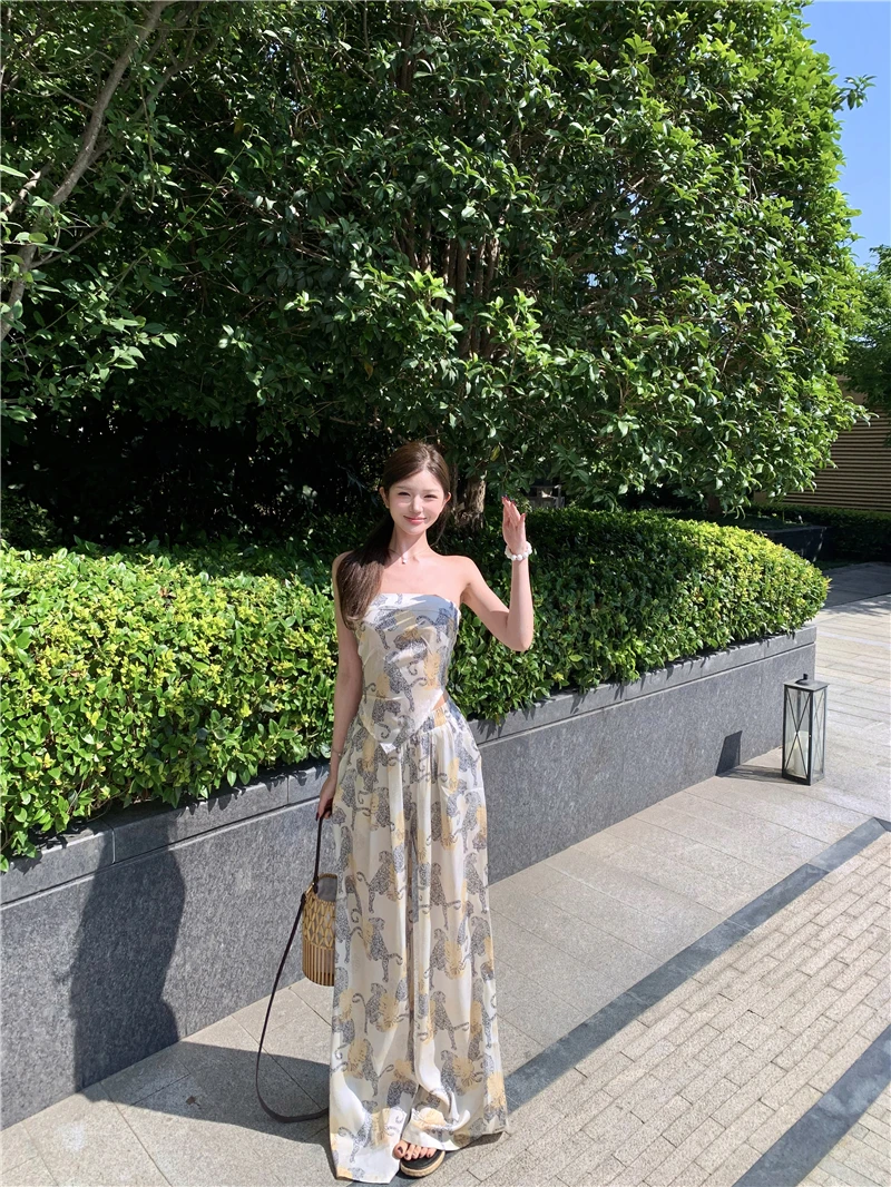 

Elegant Ladies Casual Print Backless Crop Top And High Waist Wide Leg Pants Two Piece Set for Young Women Summer Fashion